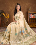 Ivory and Olive Green Hand Painted Design Pure Silk Linen Saree