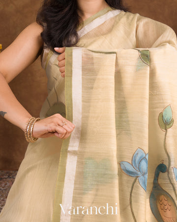Ivory and Olive Green Hand Painted Design Pure Silk Linen Saree