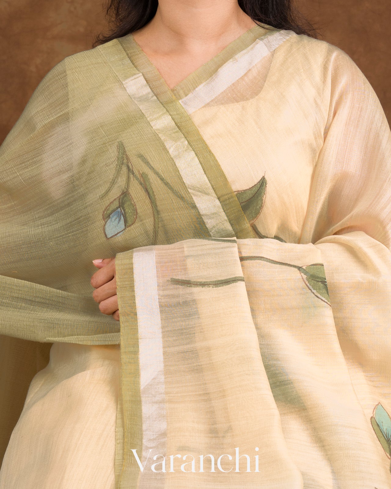 Ivory and Olive Green Hand Painted Design Pure Silk Linen Saree