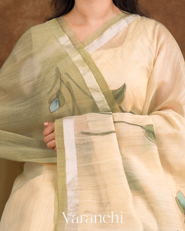 Ivory and Olive Green Hand Painted Design Pure Silk Linen Saree