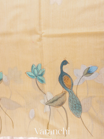 Ivory and Olive Green Hand Painted Design Pure Silk Linen Saree