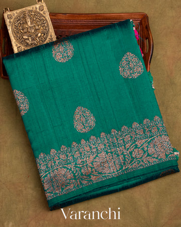 Teal Green Pure Raw Silk Handloom Saree