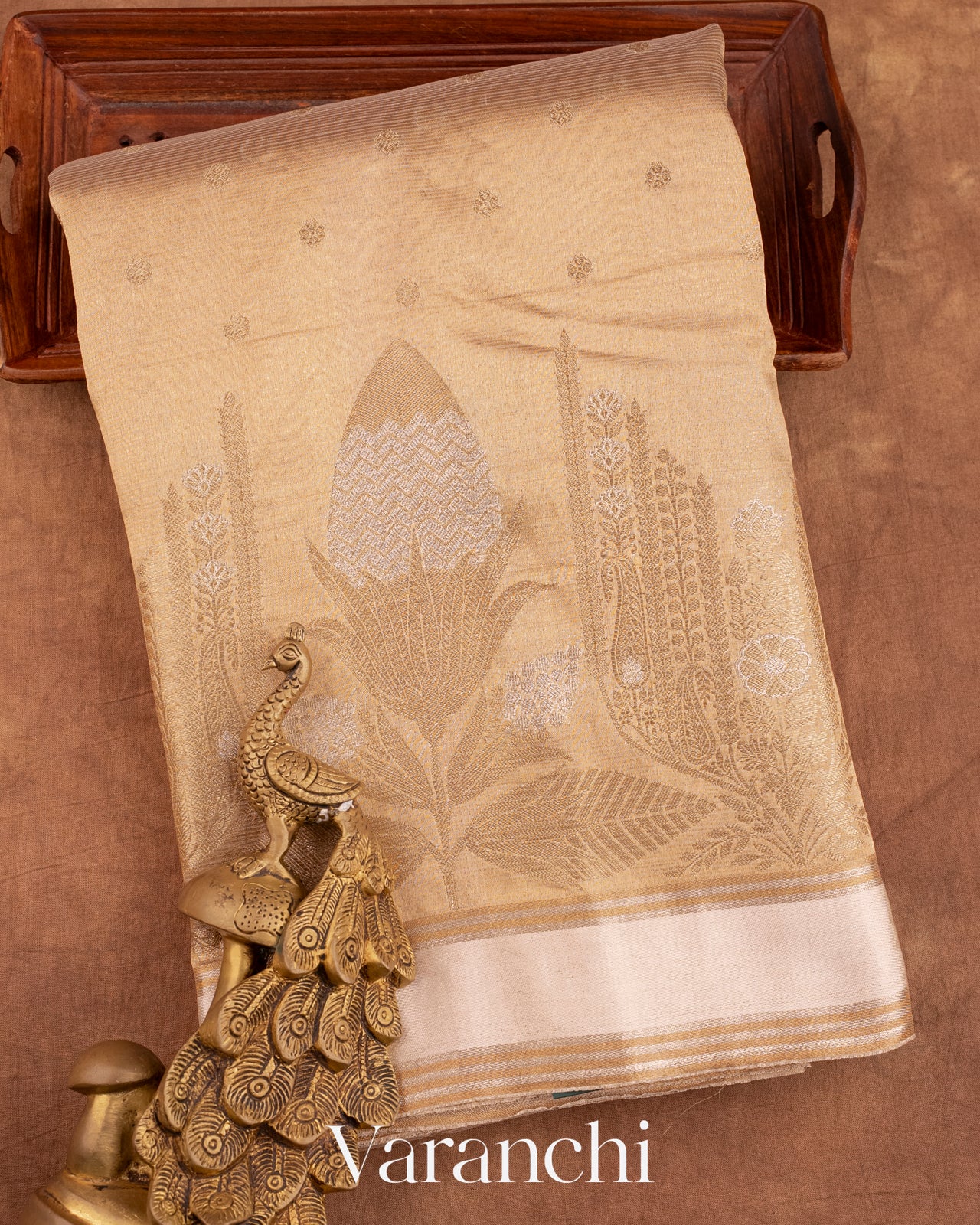 Light Golden Pure Tissue Kora Silk Handloom Saree