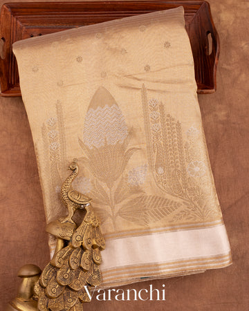 Light Golden Pure Tissue Kora Silk Handloom Saree
