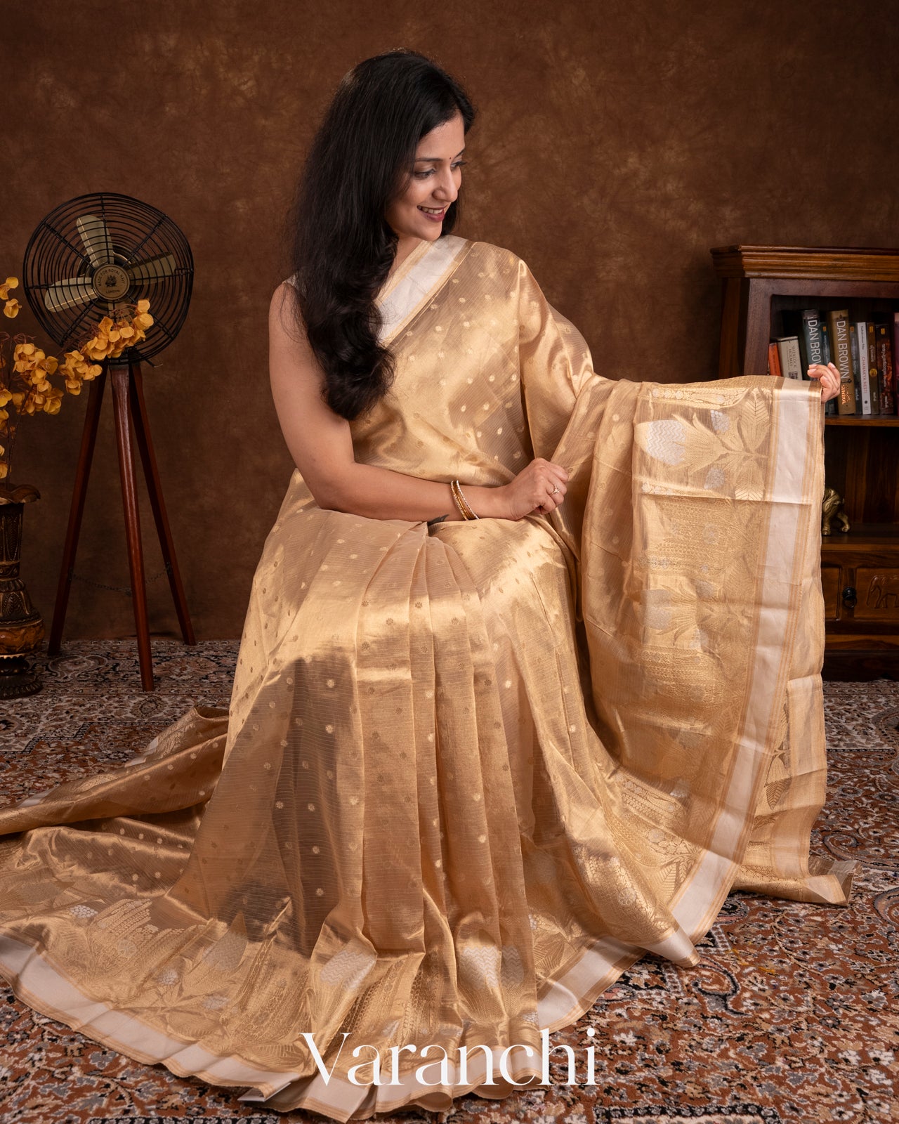 Light Golden Pure Tissue Kora Silk Handloom Saree