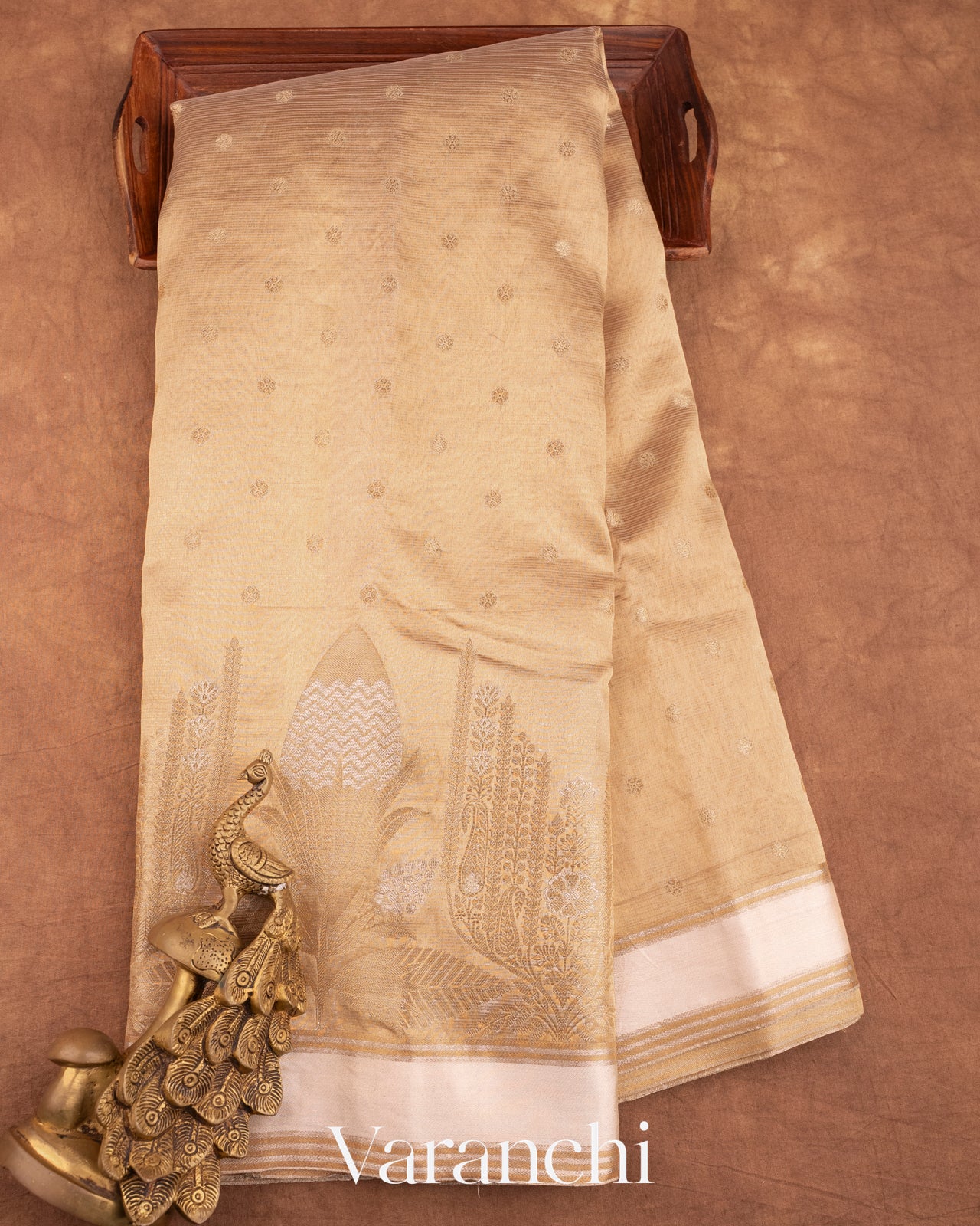 Light Golden Pure Tissue Kora Silk Handloom Saree