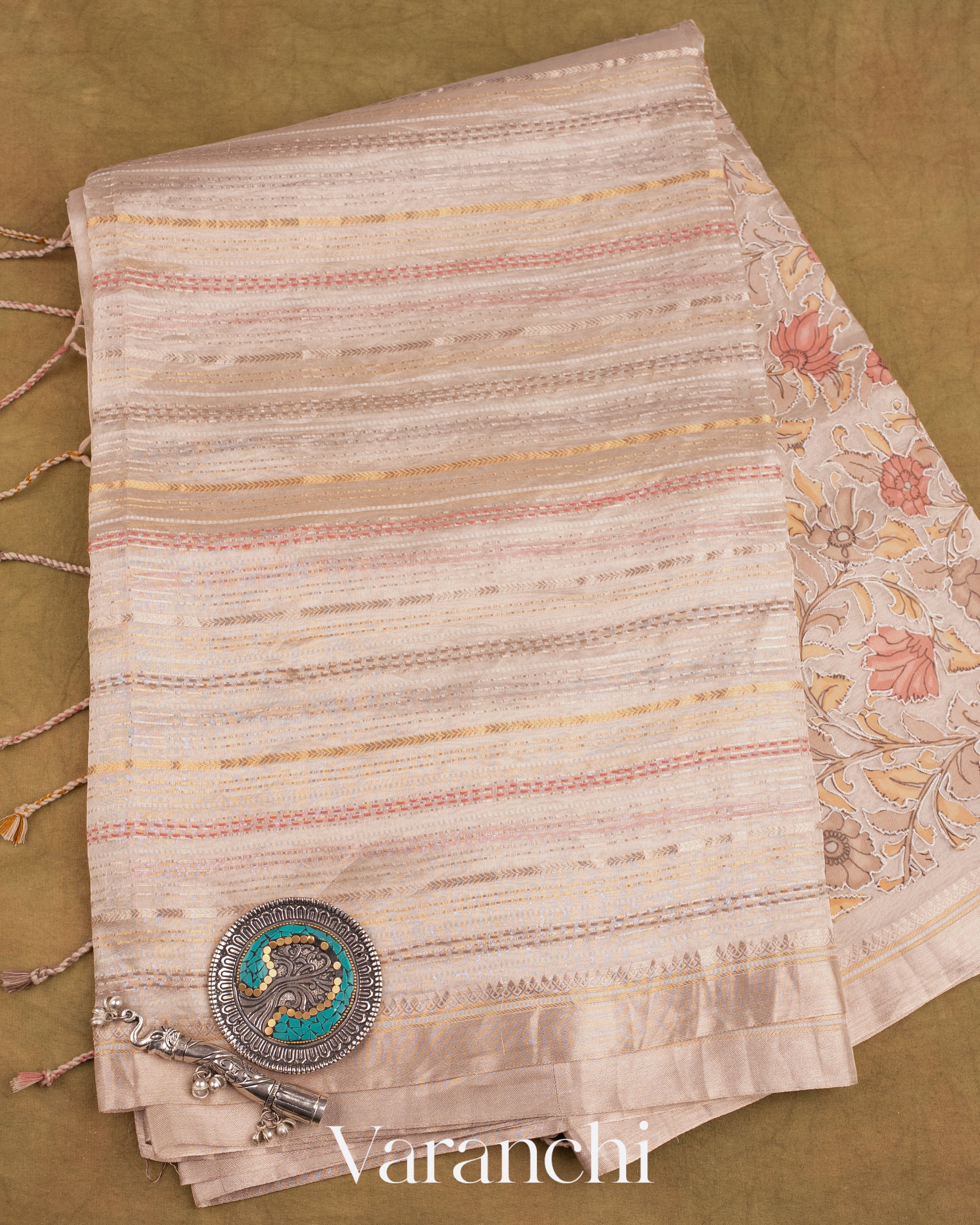 Pearl White Embroidered and Tissue Applique Pure Tissue Kora Silk Saree