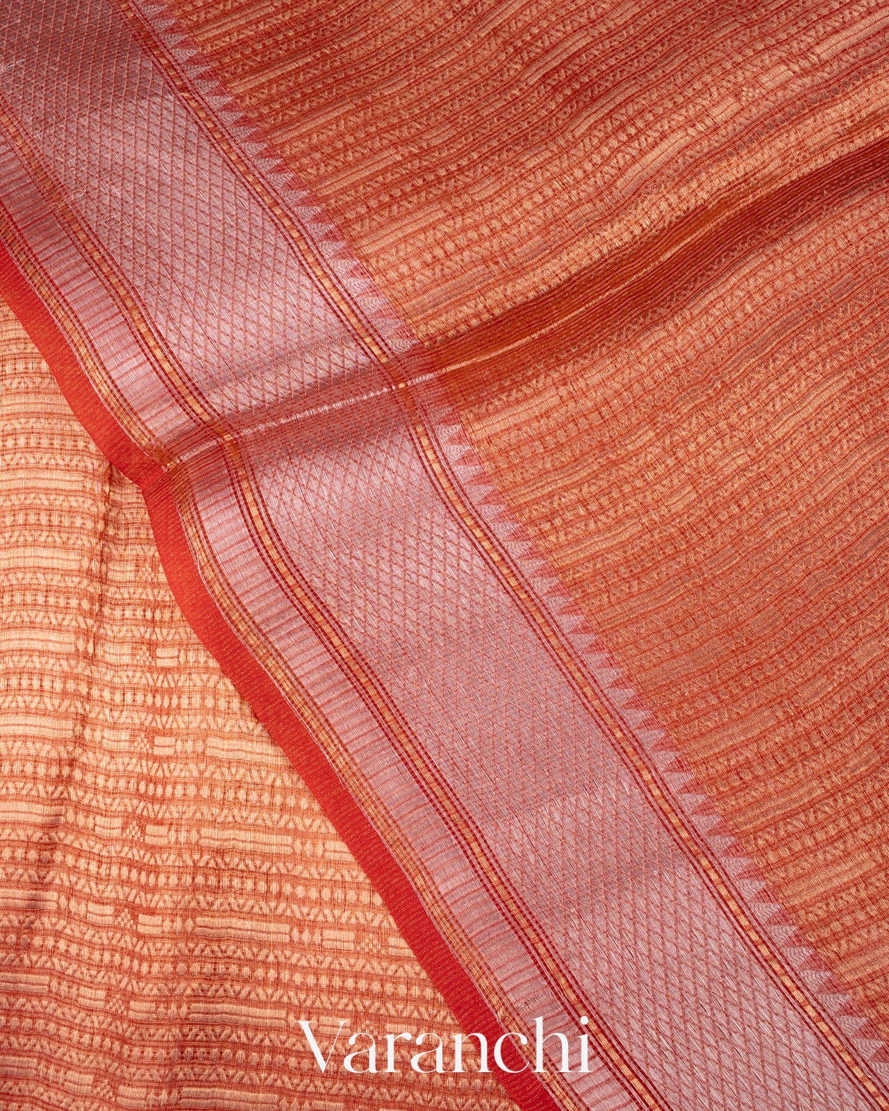 Rust Red Brocade Pure Tissue Kora Silk Saree
