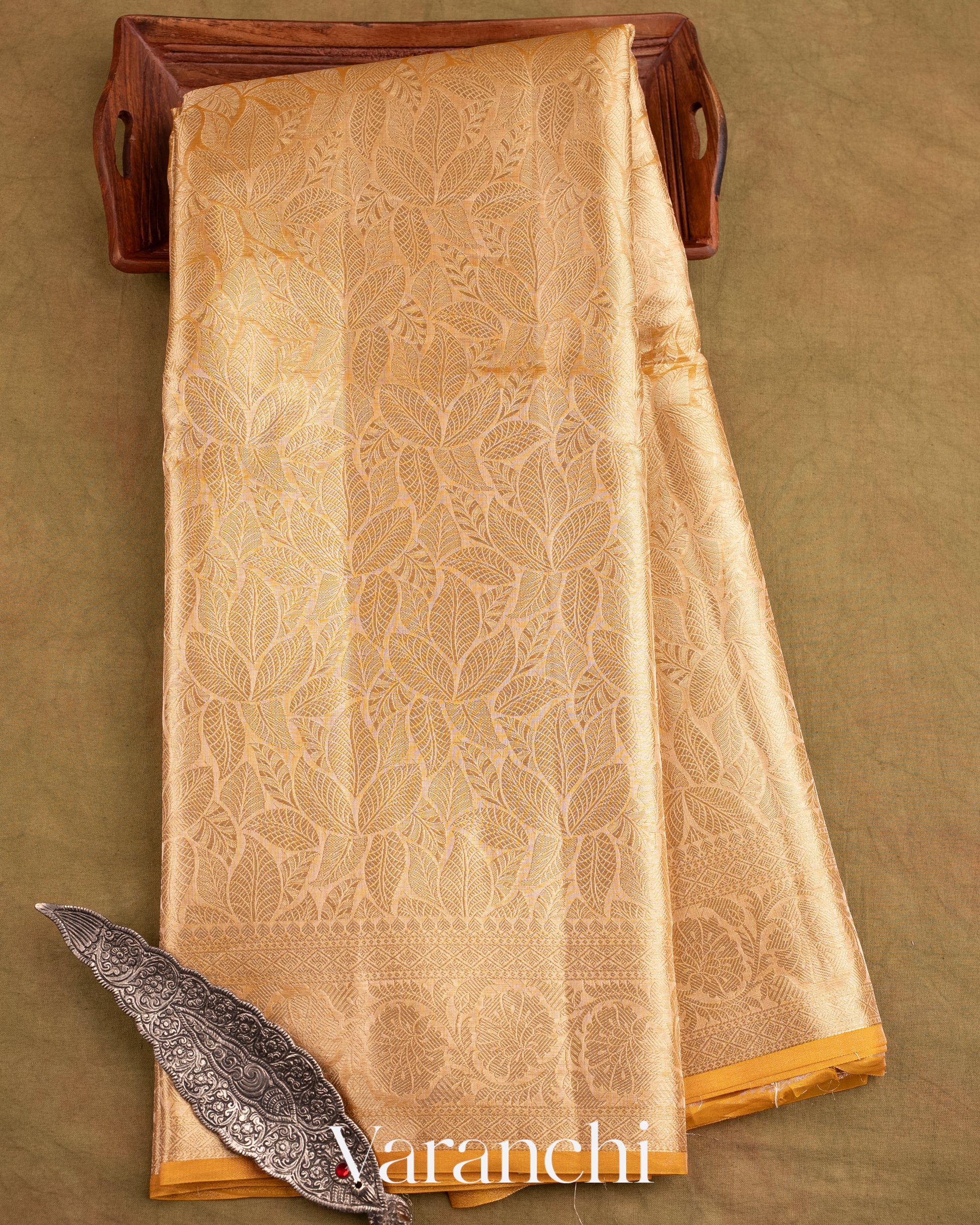Mustard Yellow Heavy Brocade Pure Tissue Kora Silk Saree