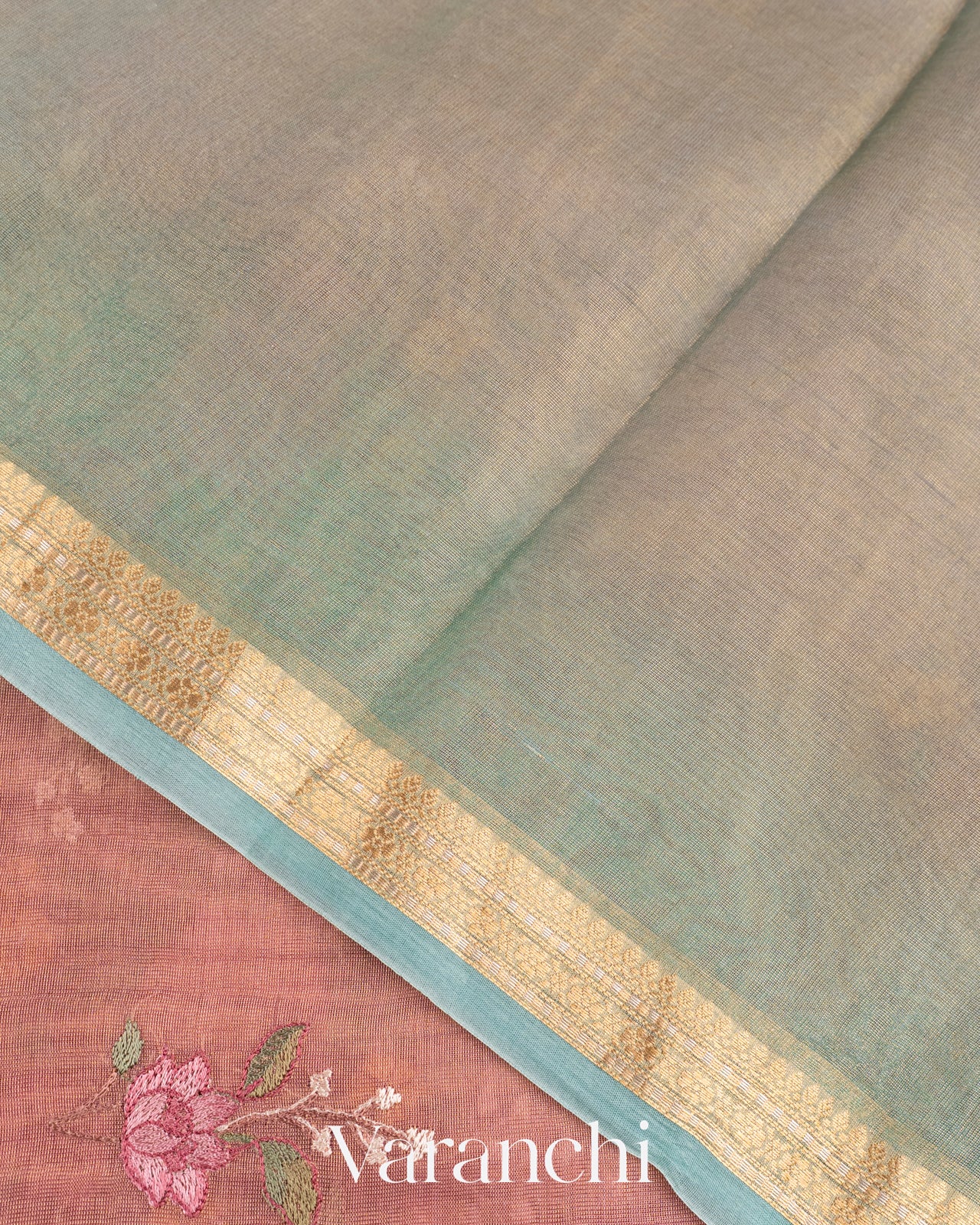 Dusty Pink Floral Embroidered Pure Tissue Kora Silk Saree