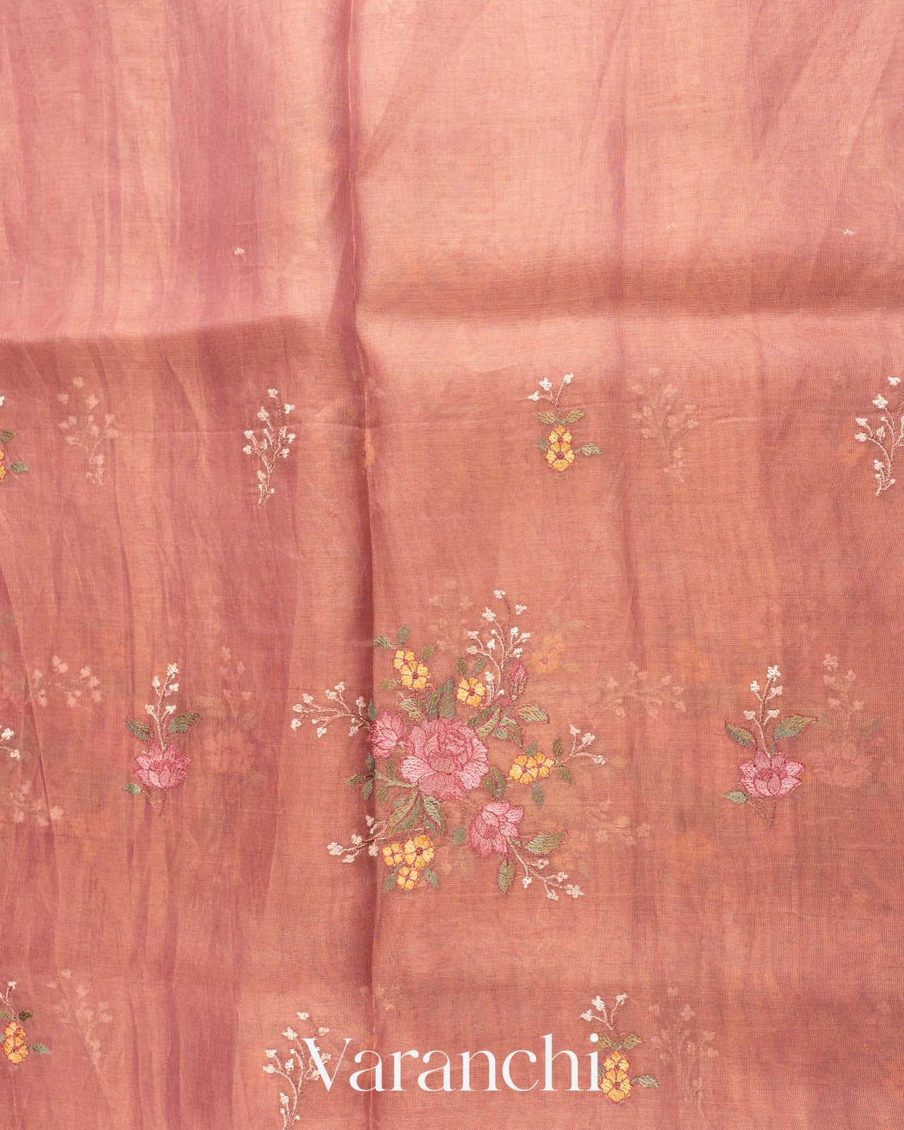 Dusty Pink Floral Embroidered Pure Tissue Kora Silk Saree