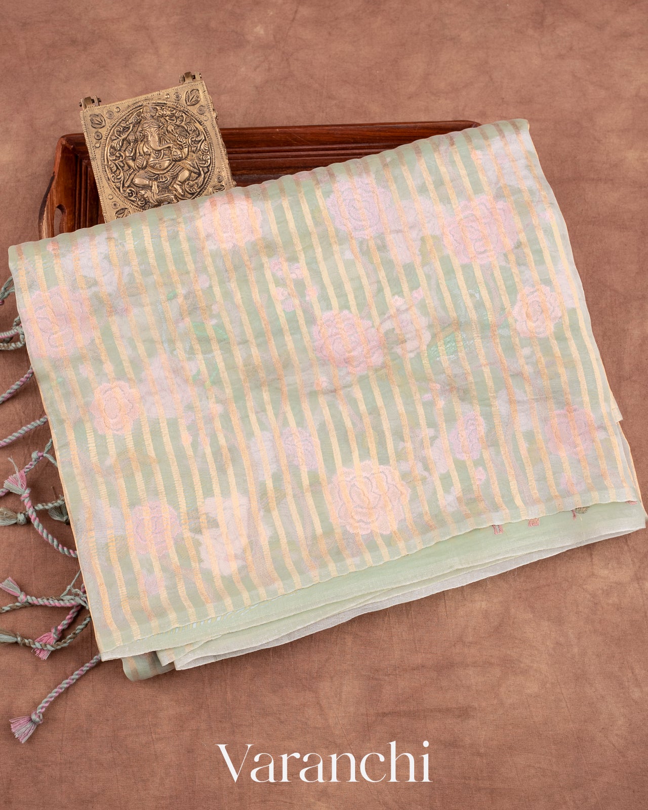Pastel Mint Tissue Striped and Embroidered Pure Kora Silk Saree