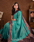 Turquoise Blue Pure Tussar Silk Handlooom Saree