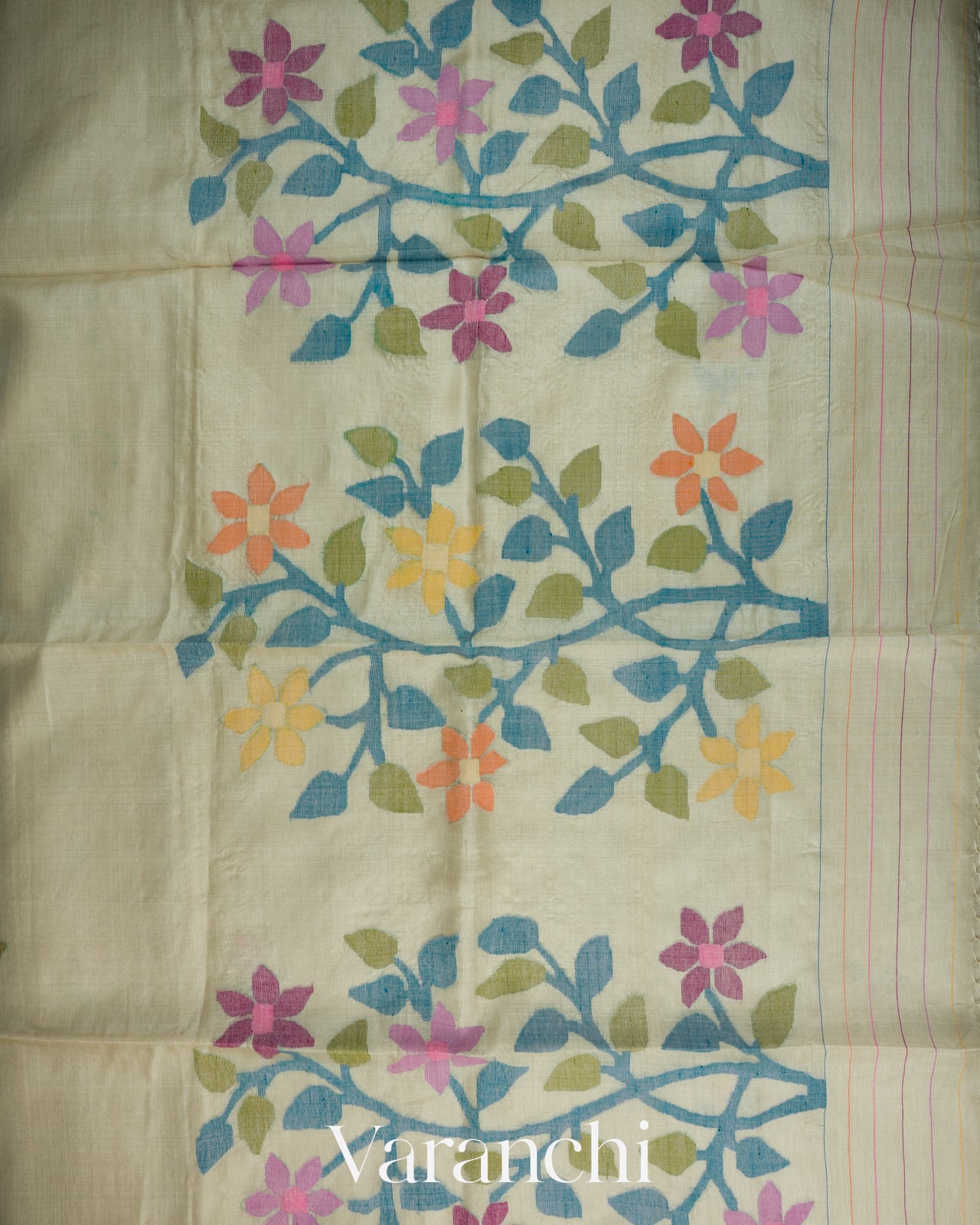 Ivory Jamdani Floral Pure Muslin Silk Handloom Saree