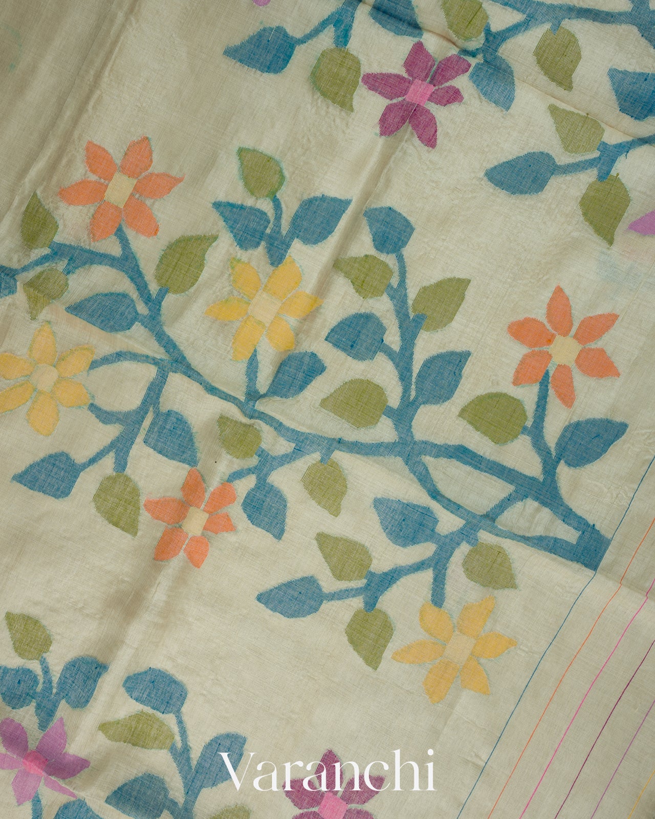 Ivory Jamdani Floral Pure Muslin Silk Handloom Saree