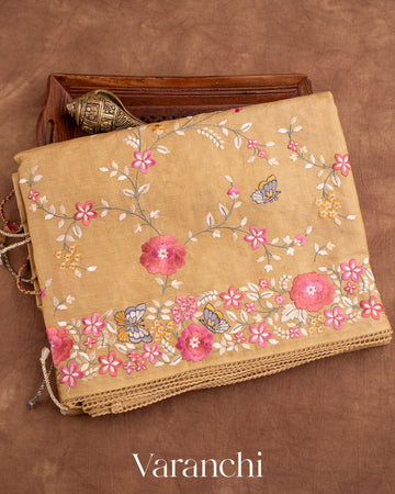Soft Mustard Yellow All-Over Embroidered Pure Tussar Silk Saree