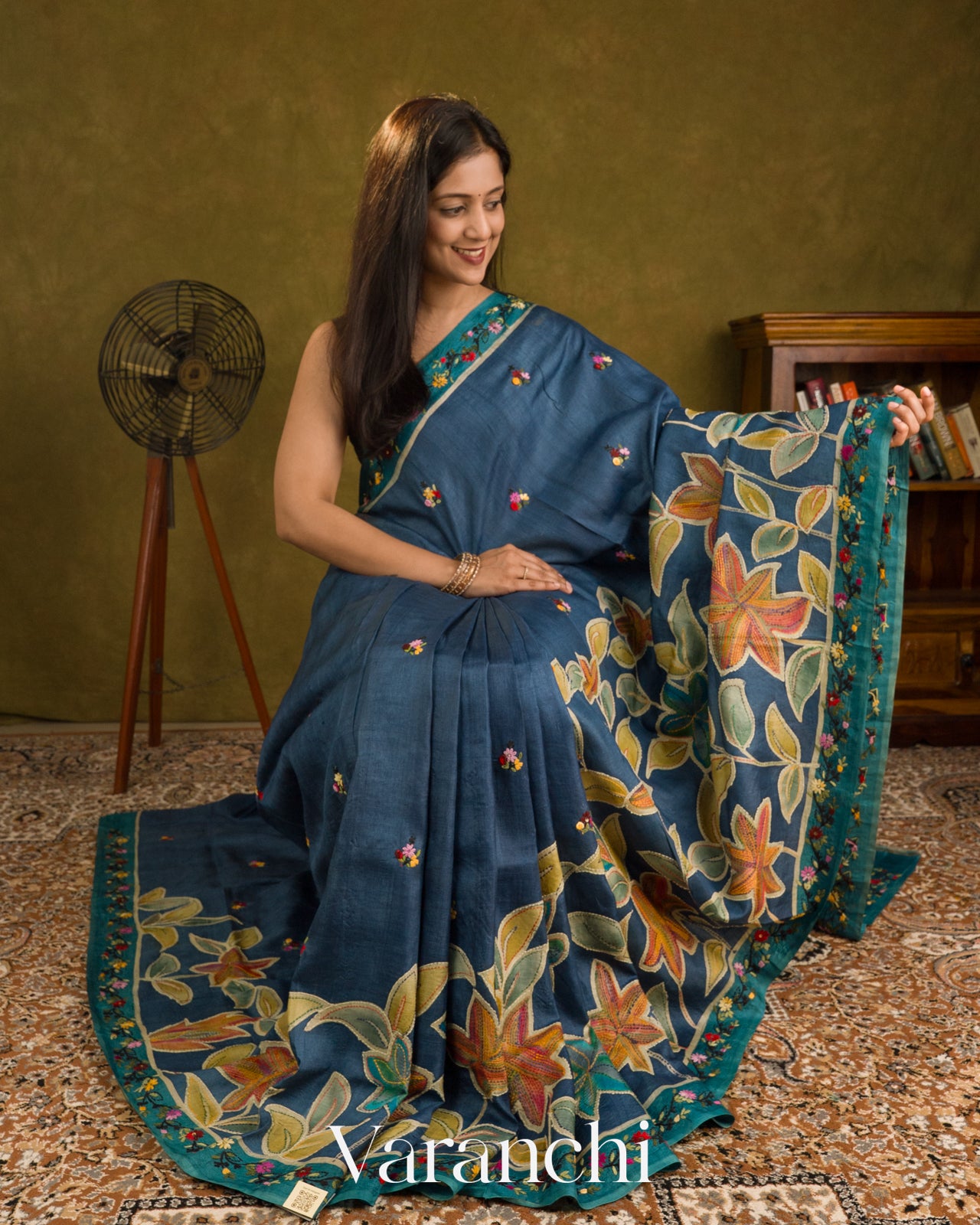 Navy Blue and Deep Teal Kalamkari Printed Pure Tussar Silk Handloom Saree