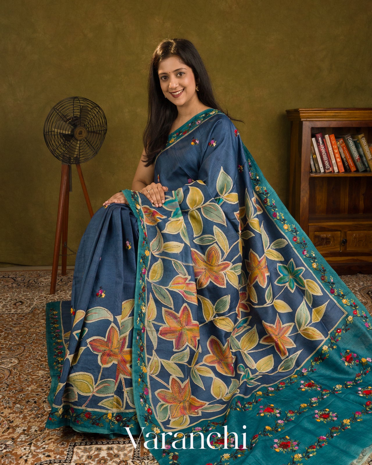 Navy Blue and Deep Teal Kalamkari Printed Pure Tussar Silk Handloom Saree
