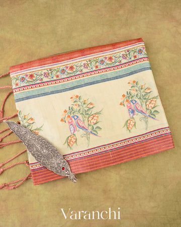 Coral and Cream Stripes with Floral Embroidery Pure Tussar Silk Saree