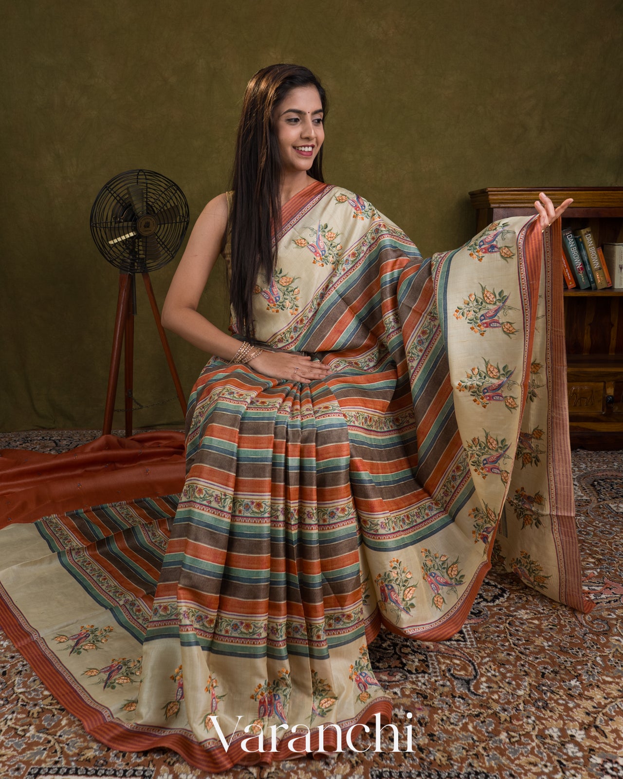 Coral and Cream Stripes with Floral Embroidery Pure Tussar Silk Saree