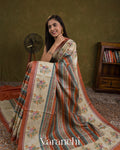 Coral and Cream Stripes with Floral Embroidery Pure Tussar Silk Saree
