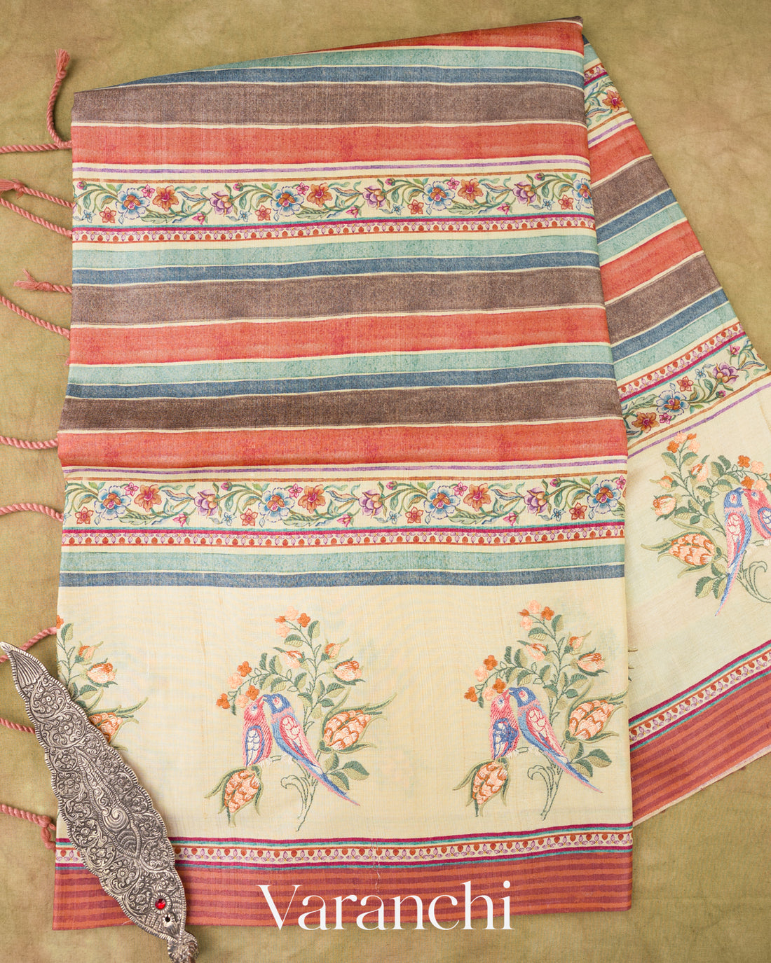 Coral and Cream Stripes with Floral Embroidery Pure Tussar Silk Saree