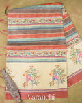 Coral and Cream Stripes with Floral Embroidery Pure Tussar Silk Saree