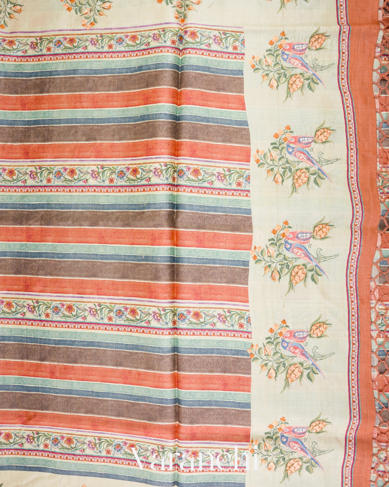 Coral and Cream Stripes with Floral Embroidery Pure Tussar Silk Saree