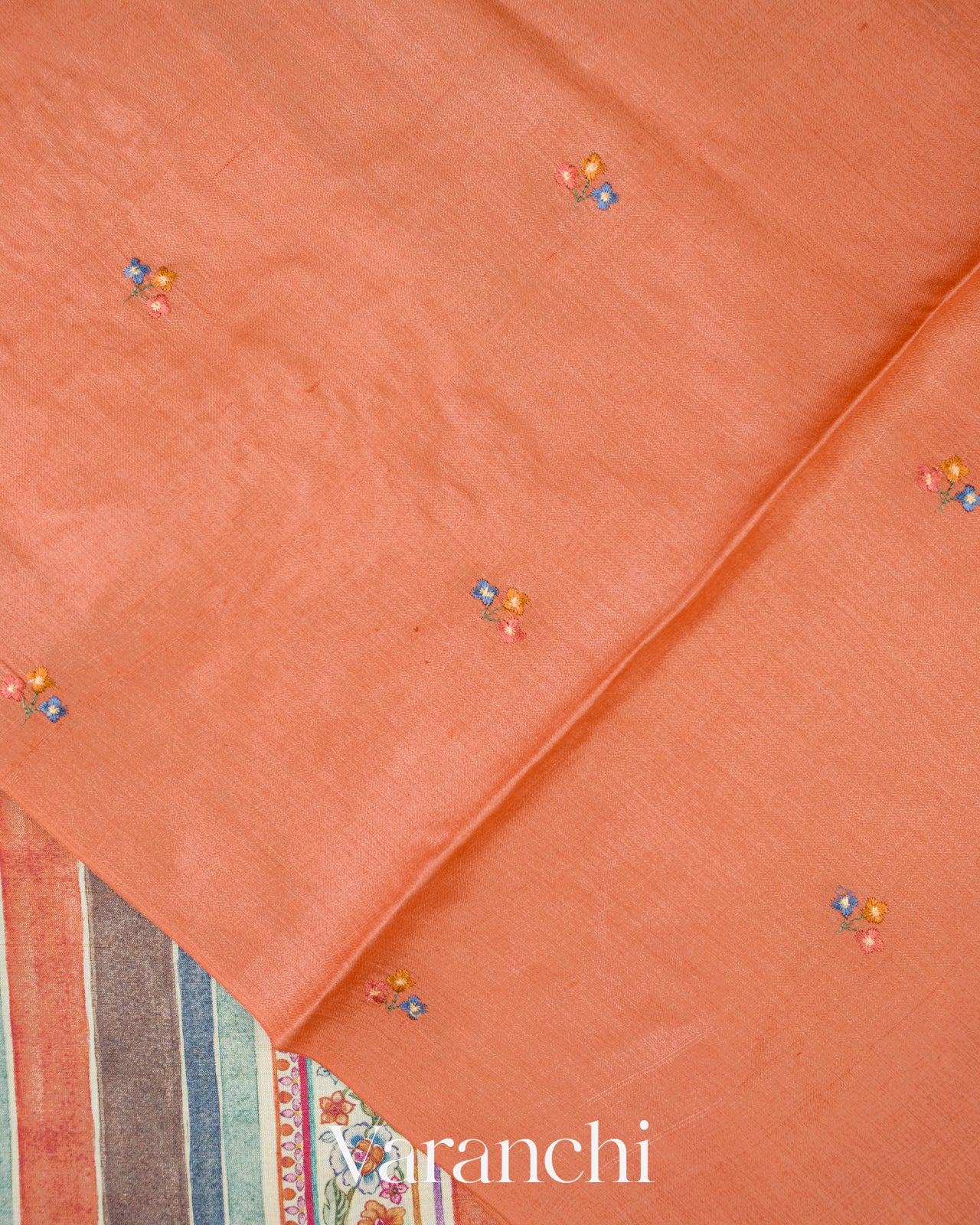 Coral and Cream Stripes with Floral Embroidery Pure Tussar Silk Saree
