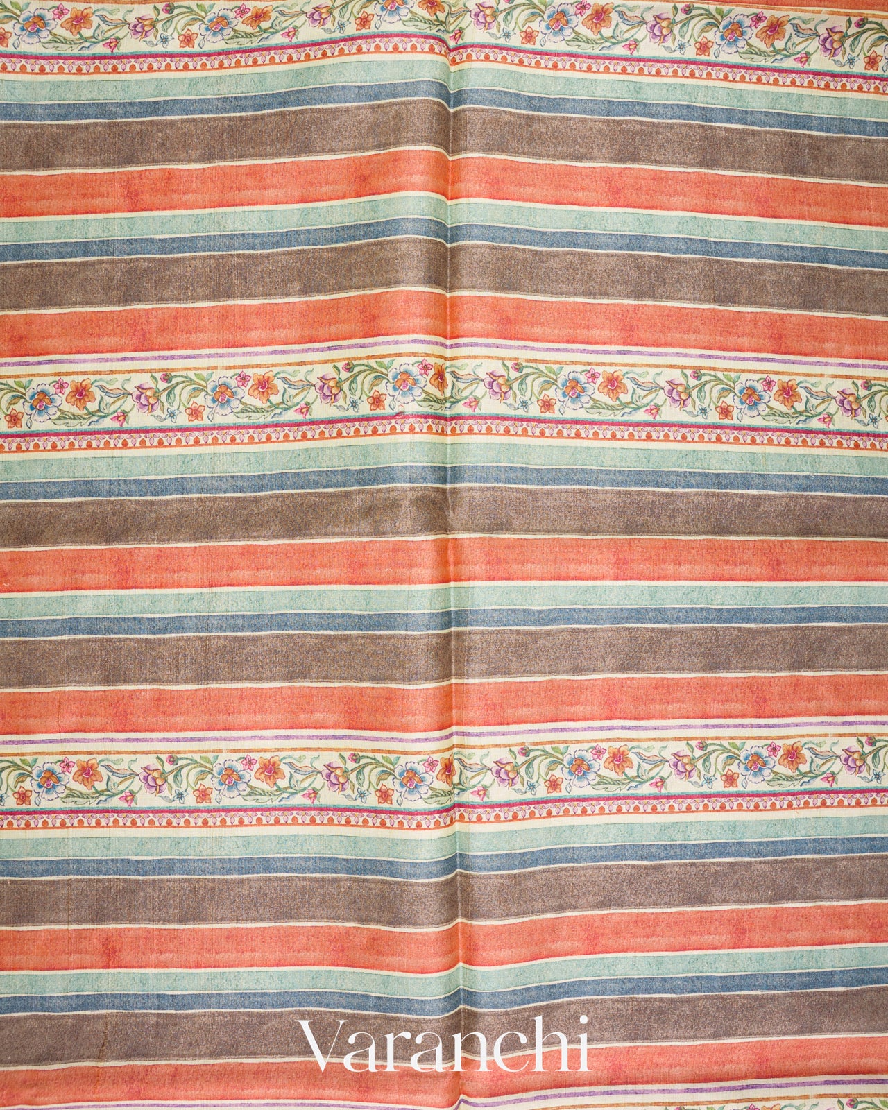 Coral and Cream Stripes with Floral Embroidery Pure Tussar Silk Saree