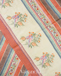 Coral and Cream Stripes with Floral Embroidery Pure Tussar Silk Saree