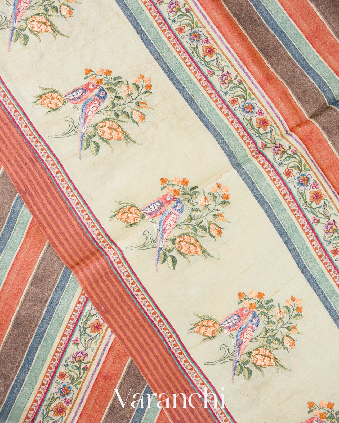 Coral and Cream Stripes with Floral Embroidery Pure Tussar Silk Saree