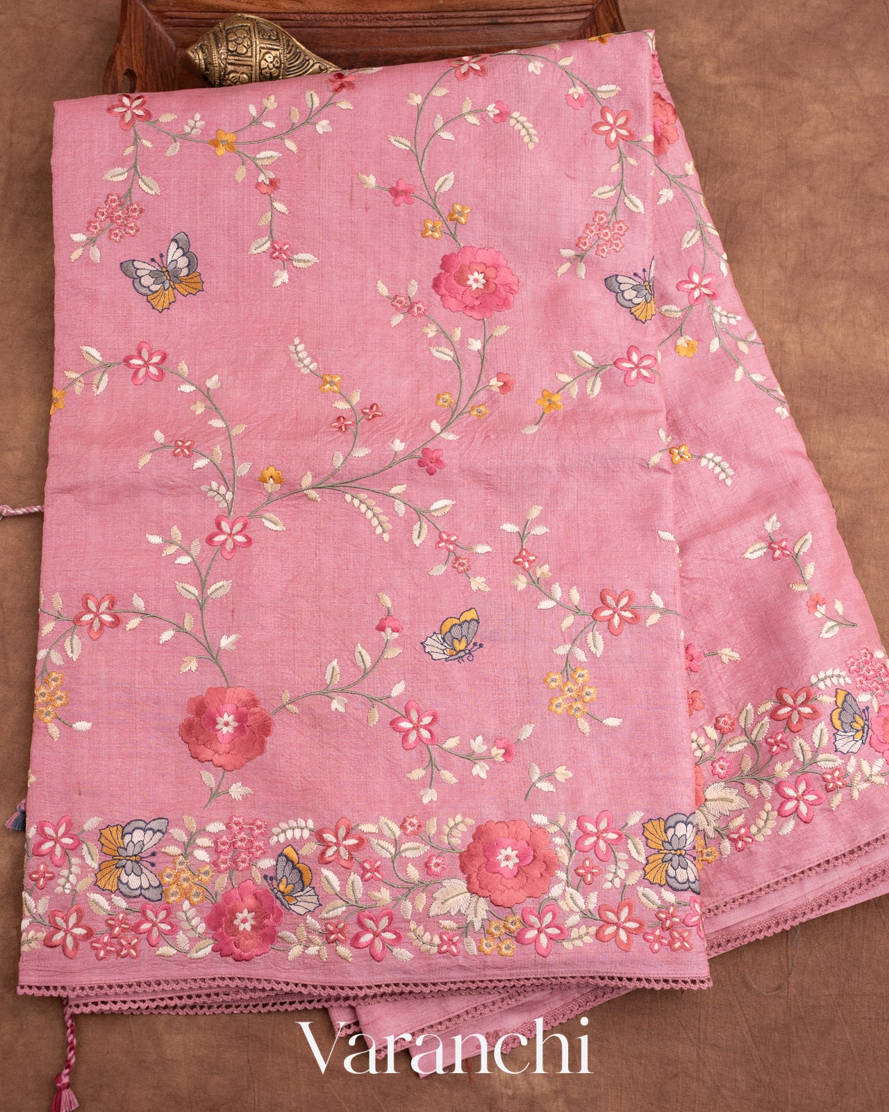 Pink All-Over Embroidered Pure Tussar Silk Saree