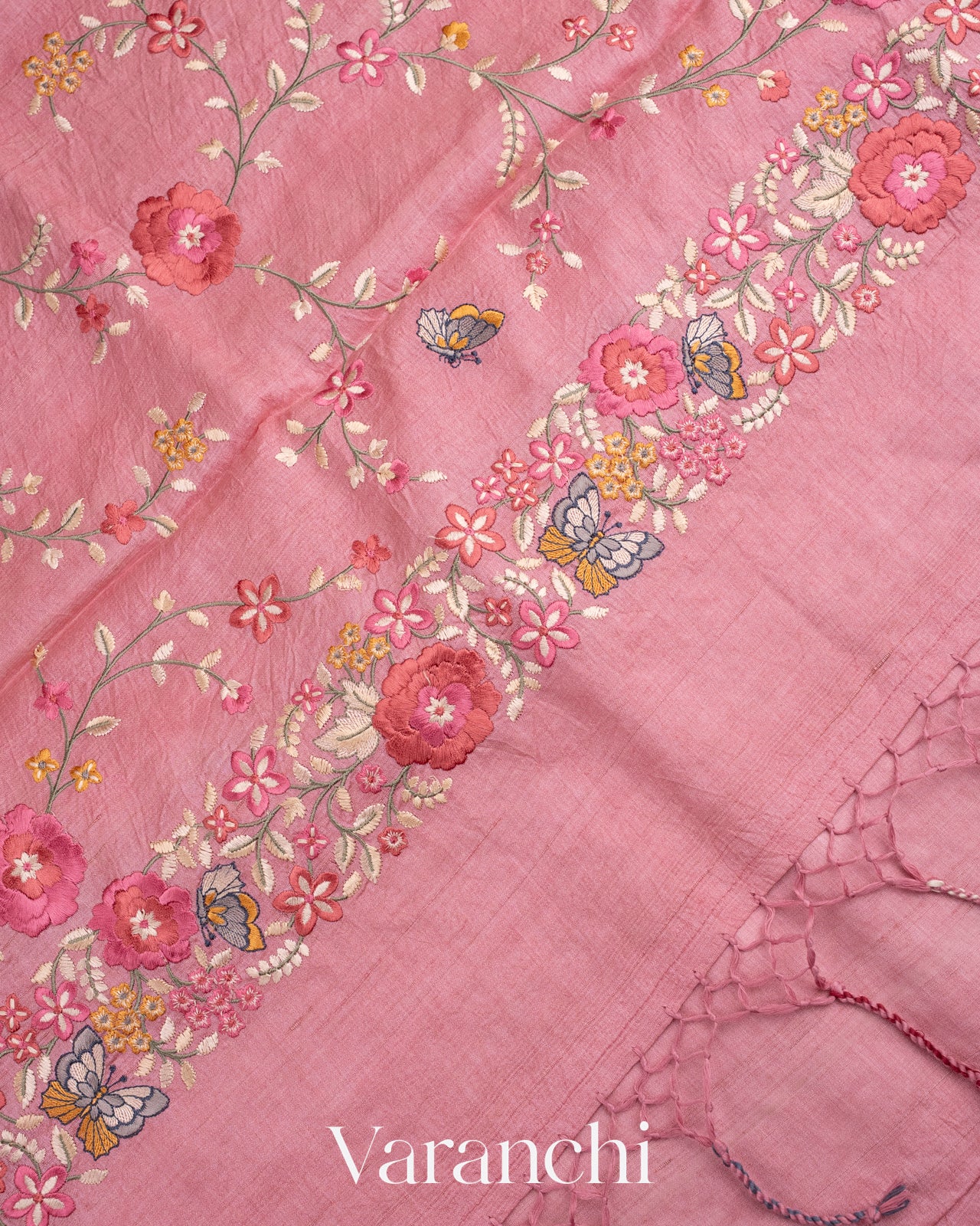 Pink All-Over Embroidered Pure Tussar Silk Saree