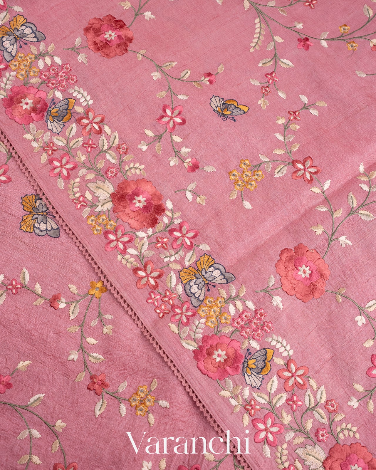 Pink All-Over Embroidered Pure Tussar Silk Saree