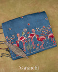 Denim Blue Flamingo Embroidered Pure Tussar Silk Saree