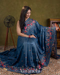 Denim Blue Flamingo Embroidered Pure Tussar Silk Saree
