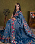 Denim Blue Flamingo Embroidered Pure Tussar Silk Saree