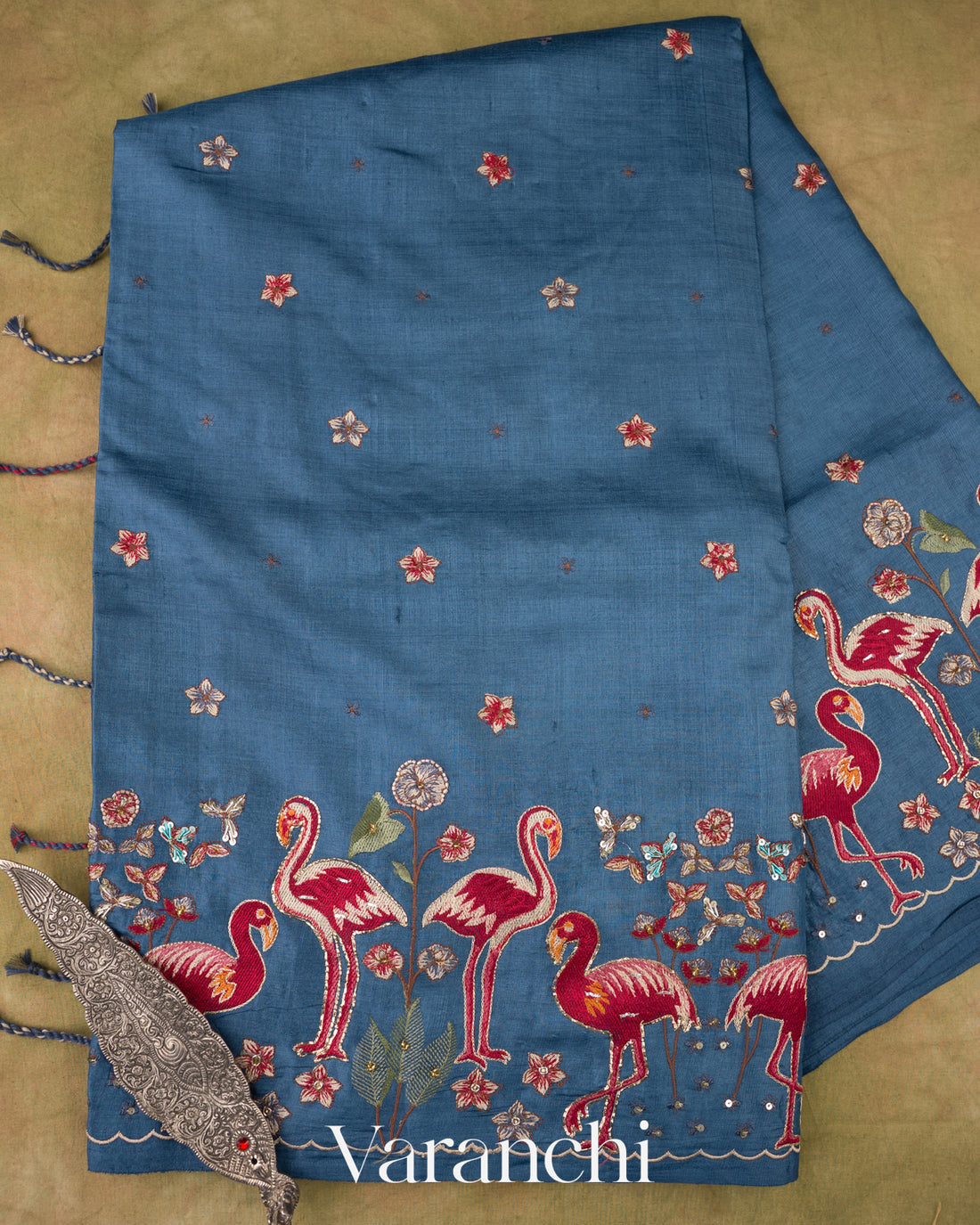 Denim Blue Flamingo Embroidered Pure Tussar Silk Saree