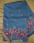 Denim Blue Flamingo Embroidered Pure Tussar Silk Saree