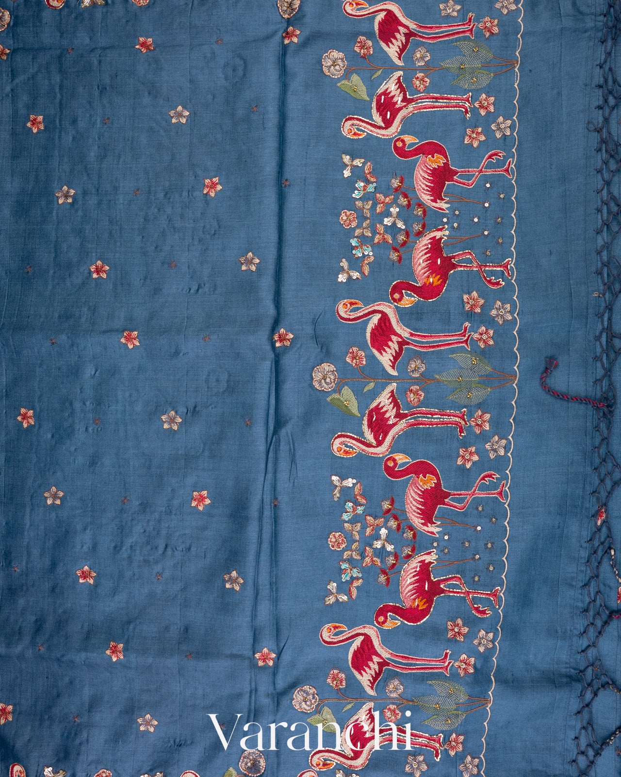 Denim Blue Flamingo Embroidered Pure Tussar Silk Saree