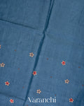 Denim Blue Flamingo Embroidered Pure Tussar Silk Saree
