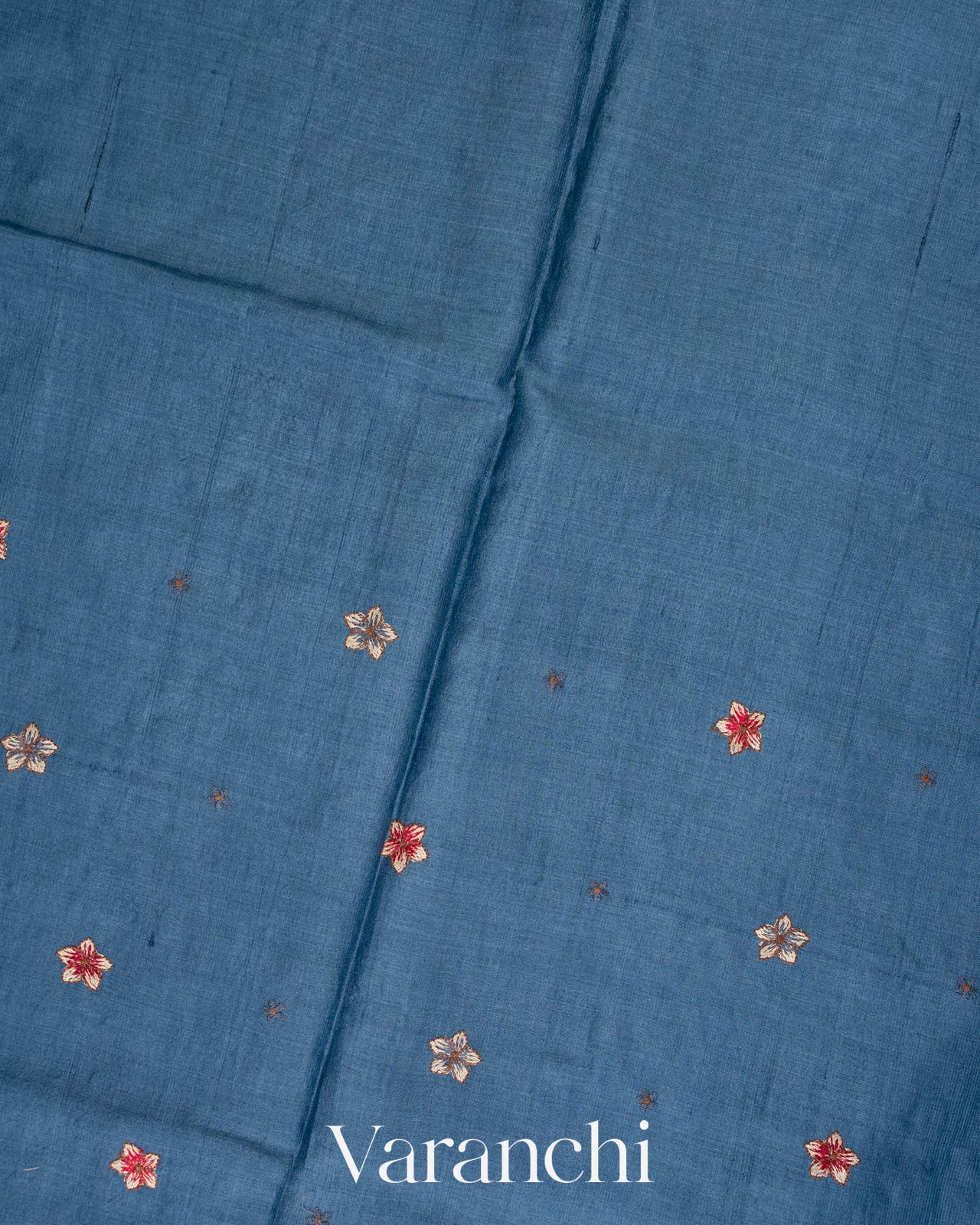 Denim Blue Flamingo Embroidered Pure Tussar Silk Saree
