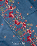 Denim Blue Flamingo Embroidered Pure Tussar Silk Saree