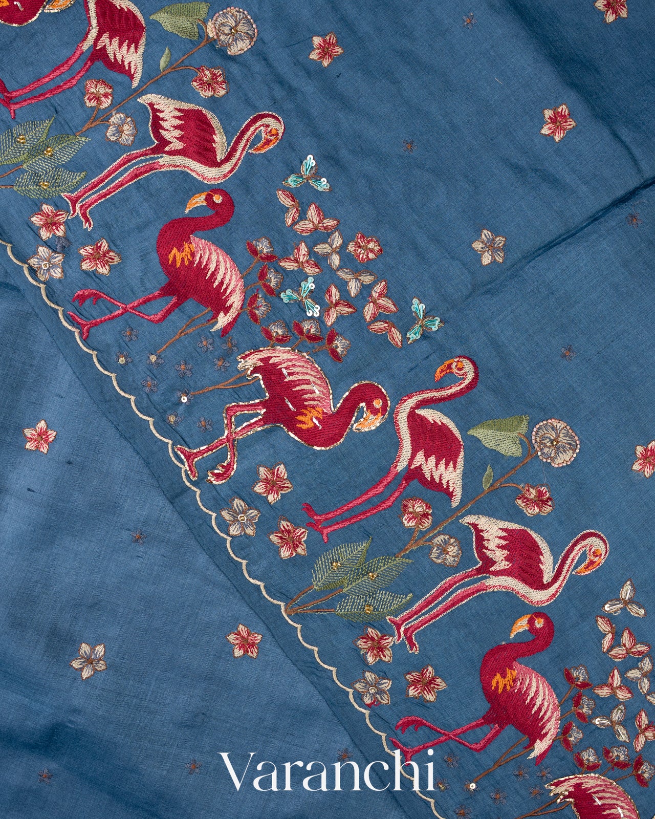 Denim Blue Flamingo Embroidered Pure Tussar Silk Saree