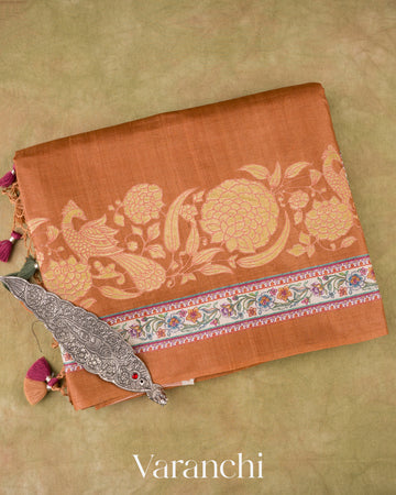 Rust Orange Tissue Applique and Embroidery Pure Tussar Silk Saree