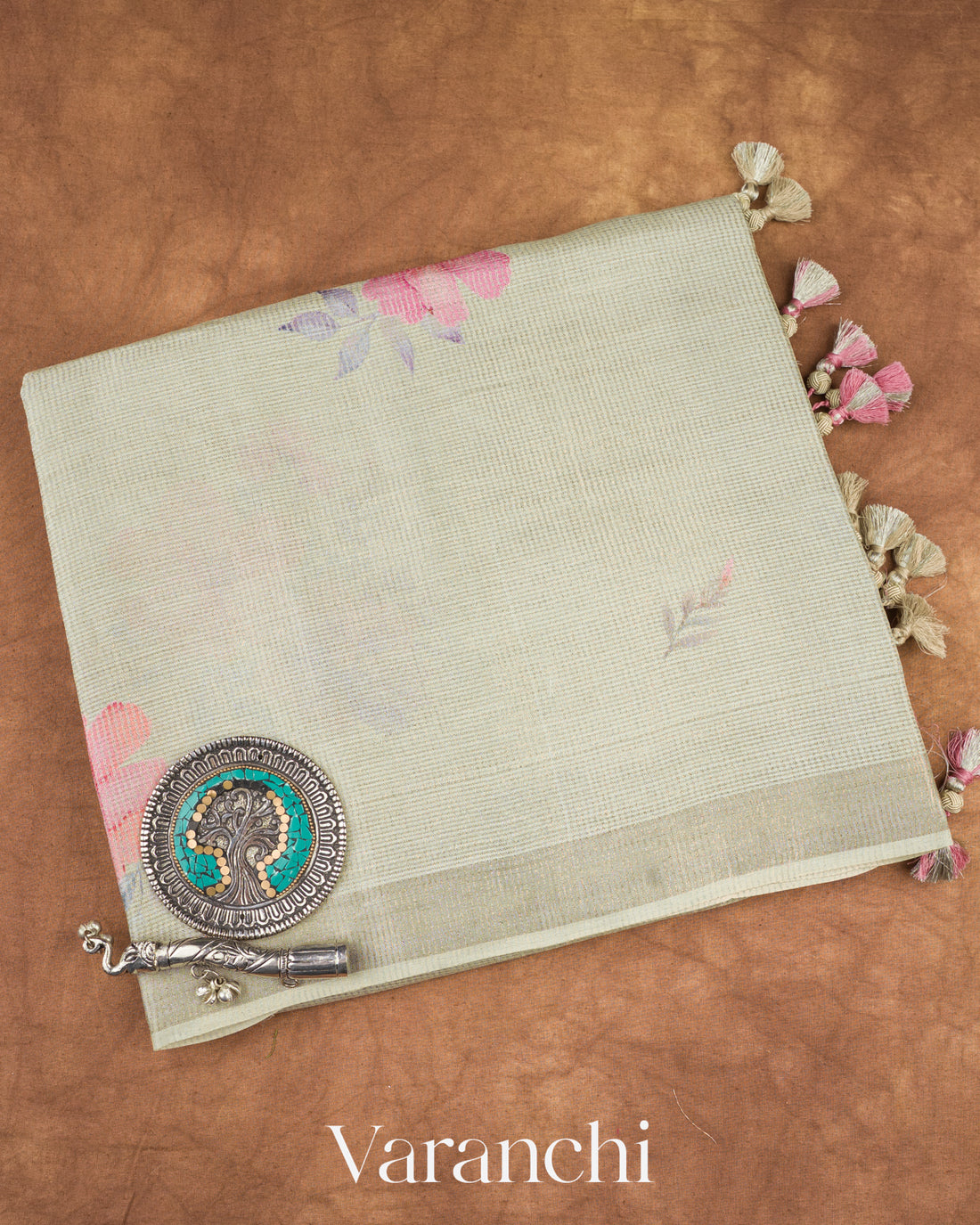 Silver Digital Printed Pure Tussar Tissue Silk Saree