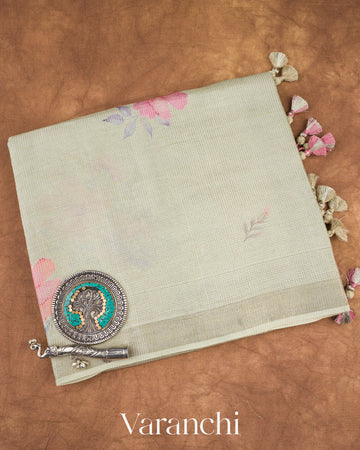 Silver Digital Printed Pure Tussar Tissue Silk Saree