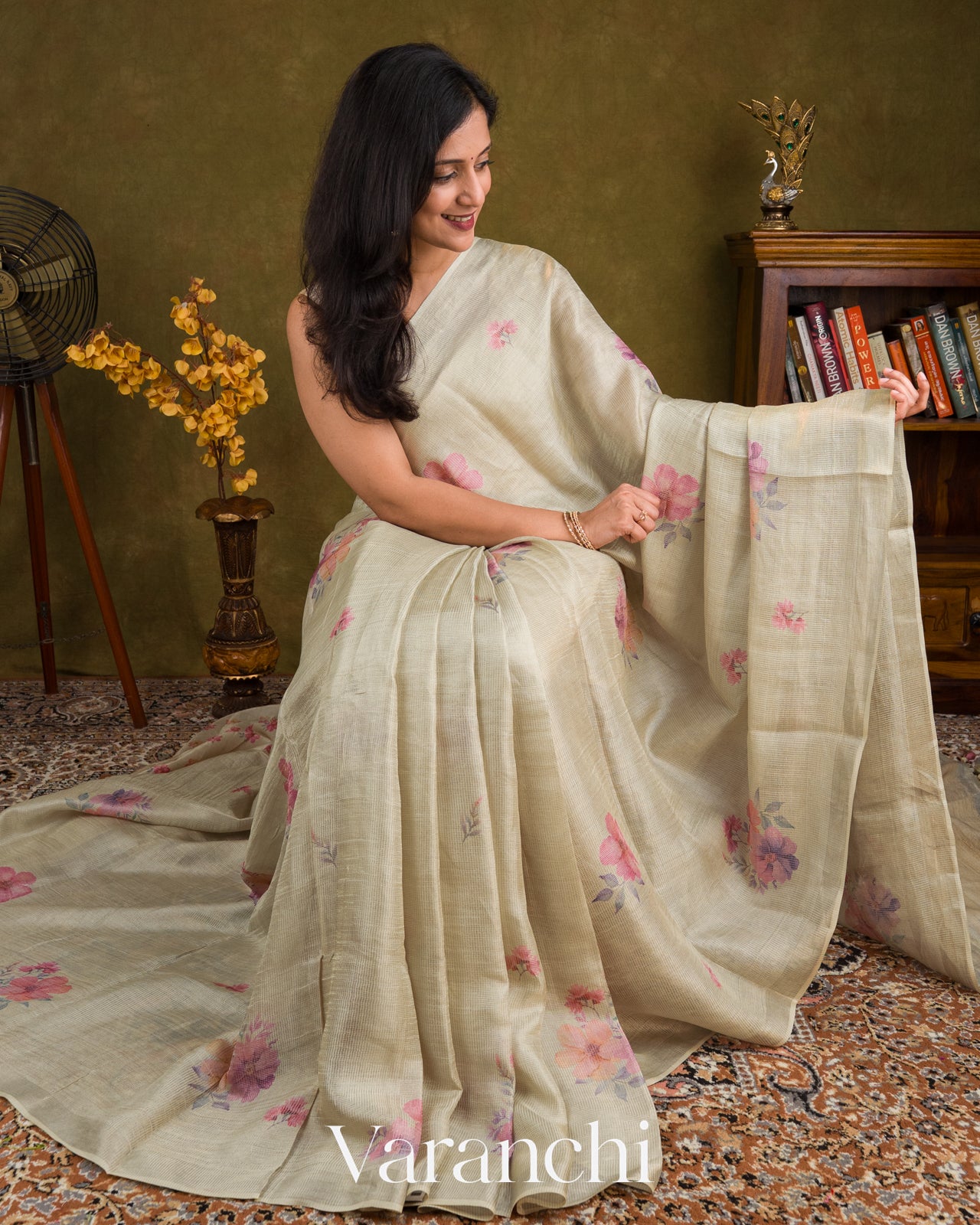 Silver Digital Printed Pure Tussar Tissue Silk Saree