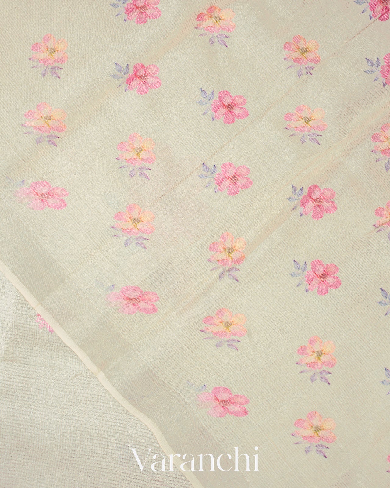 Silver Digital Printed Pure Tussar Tissue Silk Saree